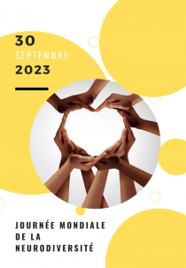 on a white background, yellow circles, and an image of hands of various skin colors forming a heart. The date September 30, 2023 is indicated above the title "World Neurodiversity Day".